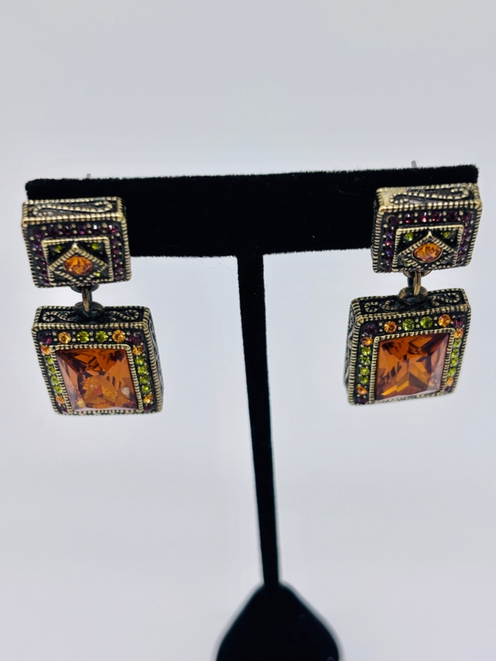 Heidi Daus Amber Swarovski Crystal Drop Earrings with Green Accent - Picture 6 of 10